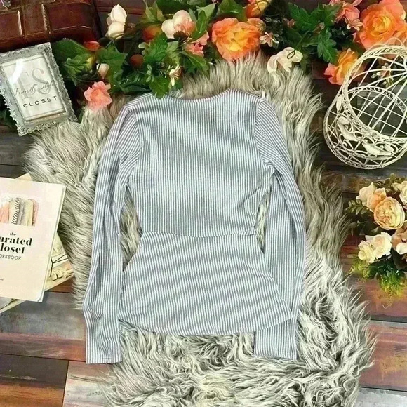 Caution To The Wind Long Sleeve Blue Stripe Wrap Top W/ Tie Waist, - Picture 7 of 8